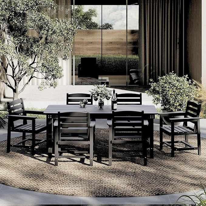 7-Piece Black HDPE Patio Table and Chairs Set, Weather Resistant Outdoor HDPE Dining Table Sets with Umbrella Hole for Lawn, Garden, Deck, Poolside, Balcony