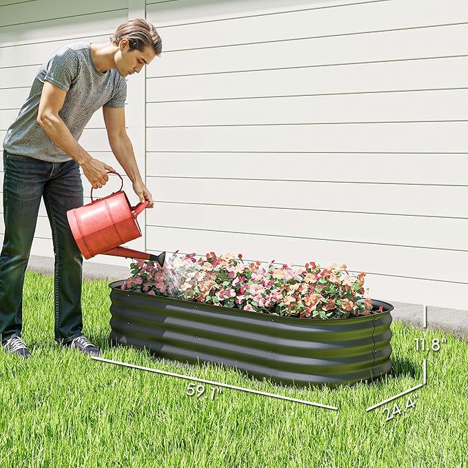 Outsunny 5' x 2' x 1' Galvanized Raised Garden Bed Kit, Outdoor Metal Elevated Planter Box with Safety Edge, Easy DIY Stock Tank for Growing Vegetables, Flowers & Herbs, Dark Gray