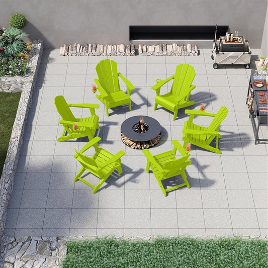 Folding Adirondack Chairs with Cup Holders, Set of 6 HDPE Plastic Outdoor Chairs, Weather Resistant, Real Wood Look, Heavy-Duty Patio Furniture for Deck, Fire Pit, Backyard, Apple Green