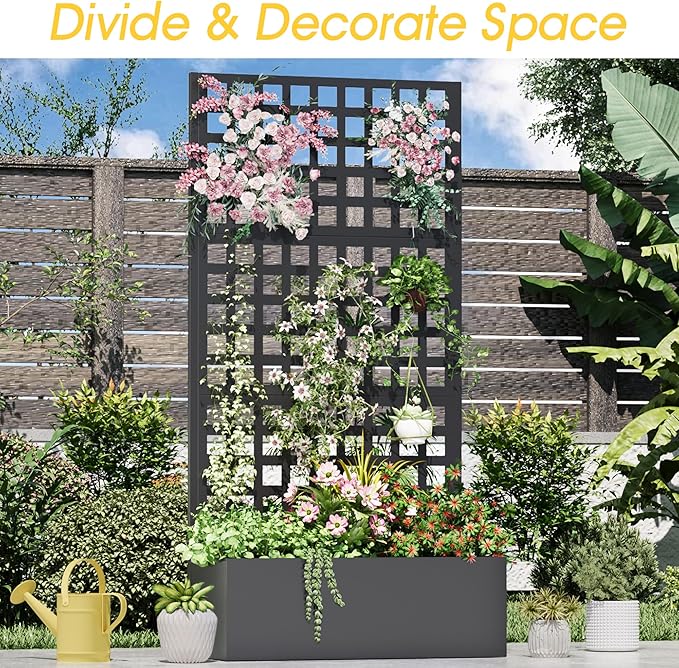 Metal Planter Box with Trellis, 71"x 35"x 16" Raised Garden Bed with Trellis, Planter Box Trellis with Privacy Screen and Drainage Holes, Black