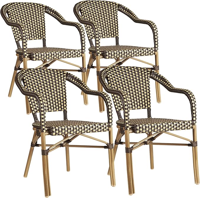 PURPLE LEAF Outdoor Dining Chair Set of 4 Hand-Woven Wicker Armchair for Garden Porch Bamboo Print Finish Patio Chairs Brown French Bistro Chairs