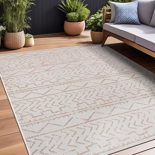 Beverly Rug Waikiki Indoor Outdoor Rug 6x9, Washable Outside Carpet for Patio, Deck, Porch, Trellis Area Rug, Water Resistant, Beige - White