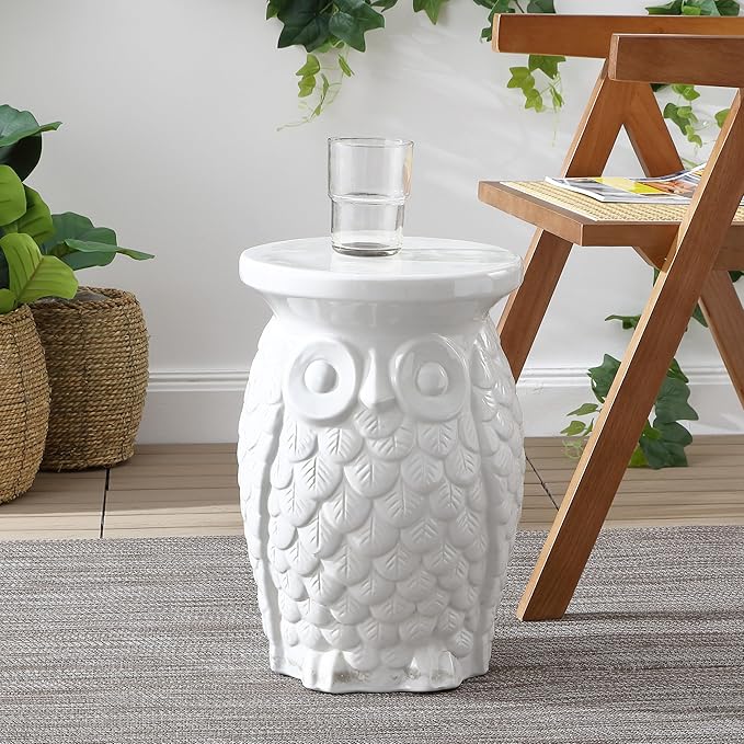 JONATHAN Y TBL1023A Groovy Owl 17.5" Ceramic Indoor/Outdoor Garden Stool Traditional, Cottage, Classic, Bohemian, Side Table, Plant Stand, Spill-Proof, Living Room, Garden Room, Patio, White