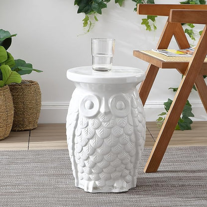JONATHAN Y TBL1023A Groovy Owl 17.5" Ceramic Indoor/Outdoor Garden Stool Traditional, Cottage, Classic, Bohemian, Side Table, Plant Stand, Spill-Proof, Living Room, Garden Room, Patio, White