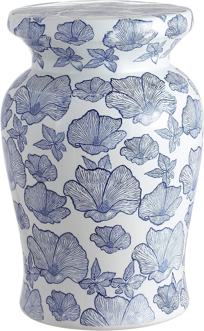 JONATHAN Y Poppies 17.75" Ceramic Drum Garden Stool, Traditional White and Blue Floral Chinoiserie Indoor/Outdoor Side Table, Plant Stand, Patio, White/Blue TBL1018A