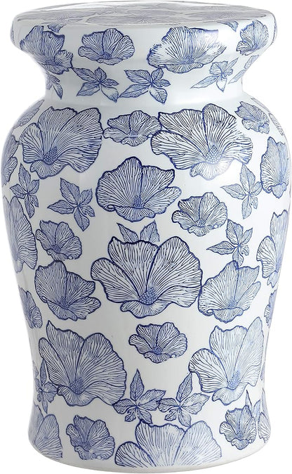 JONATHAN Y Poppies 17.75" Ceramic Drum Garden Stool, Traditional White and Blue Floral Chinoiserie Indoor/Outdoor Side Table, Plant Stand, Patio, White/Blue TBL1018A