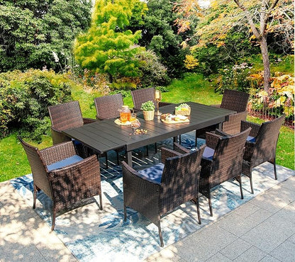 PHI VILLA 9 Piece Outdoor Dining Table Set for 8, Expandable Rectangular Metal Dining Table and Cushioned Rattan Chairs Furniture for Patio, Deck, Porch, Backyard