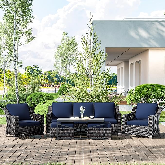 6 Pieces Wicker Patio Furniture, Luxury Outdoor Conversation Sets with 2 Patio Rattan Chair, 3-Seater Sofa, 2 Patio Ottoman and 1 Coffee Table, Wide Armrest, Thickened Cushions