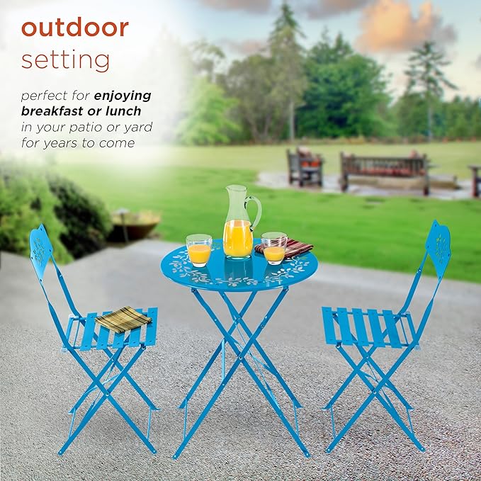 Alpine Corporation 3-Piece Bistro Set with Folding Table and 2 Chairs, Durable Steel Indoor/Outdoor Patio Furniture, Compact Seating, Blue