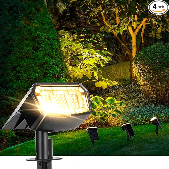 AUDERWIN Solar spotlights Outdoor 63 LED 3 Lighting Modes, IP65 Waterproof Lighten Yard Garden House Garage Pathway for Christmas Decorations-4 Pack