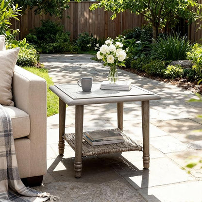 2-Tier Outdoor Side Table, 20.1 Inch Hand-Painted Wood Grain Patio Table with PE Rattan Shelf, All-Weather Accent Table for Porch, Balcony, Garden & Living Room