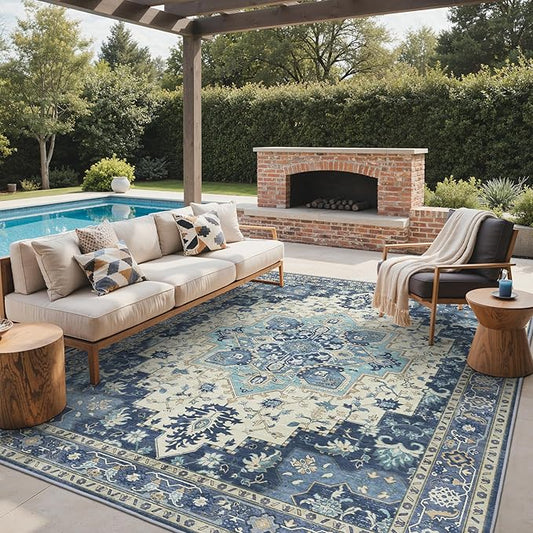 GENIMO Outdoor & Indoor Area Rug 9'x12', Waterproof, Non-Shedding, Easy Cleaning, Boho Mat for Patio, Living Room, Balcony, Dining Room, RV, Deck, Bedroom, Camping, Outside Carpet,Center Blue