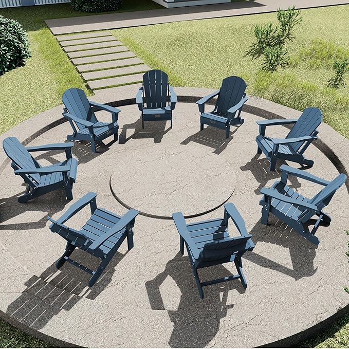 SERWALL Folding Adirondack Chair Patio Chair Lawn Chair Outdoor Adirondack Chairs Set of 8 Weather Resistant for Patio Deck Garden, Backyard Deck, Fire Pit - Blue