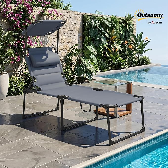 Outsunny Outdoor Lounge Chair, Adjustable Backrest Folding Chaise Lounge, Cushioned Tanning Chair with Sunshade Roof & Pillow Headrest for Beach, Camping, Hiking, Gray
