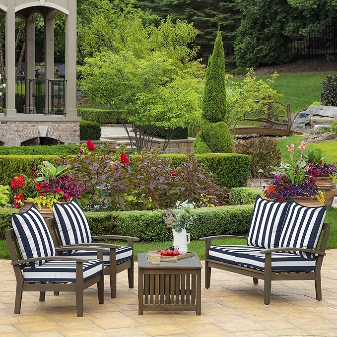 Arden Outdoor Deep Seat Cushion Set (4-Pack), 24 in x 24 in, Weather-Proof, Rain-Proof, Fade Resistant Patio Cushion for Chair, Sofa, and Couch Sapphire Blue Cabana Stripe