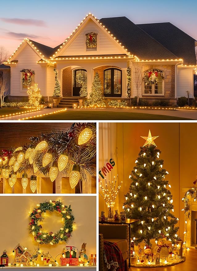 Solar Christmas Lights Outdoor, 2 Pack 50 LED C9 Strawberry String Light with Timer & 8 Light Mode, Waterproof Solar Christmas Tree Lights for Outside Garden Patio Party Christmas Decor, Warm White