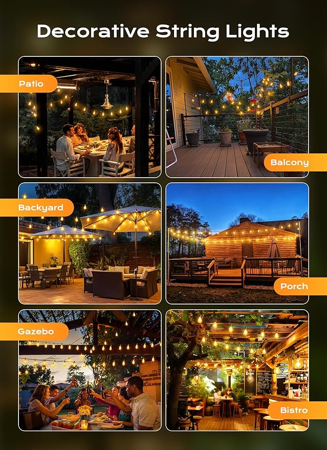 Brightown Outdoor String Lights, 180FT 60+2 LED ST38 LED Patio Lights Shatterproof, Dimmable IP65 Waterproof Connectable Hanging Outdoor Light for Backyard, Porch, Deck, Balcony