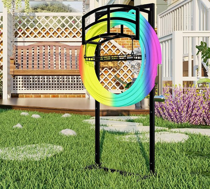 Fire Beauty Heavy-Duty Portable Garden Hose Holder with Storage Basket,120+ lbs Capacity, Holds 180ft 1/2" Hose,Dual Support Rods & Rustproof Screws,Modern Geometric Design