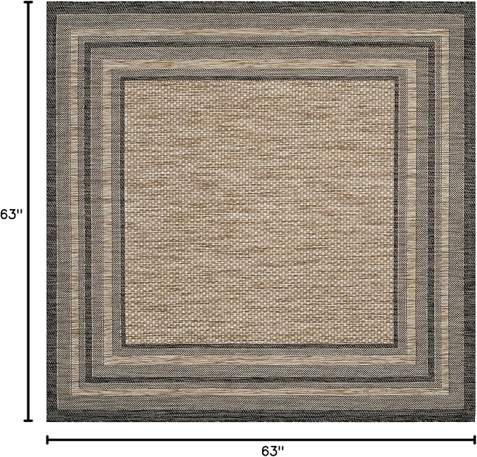 SAFAVIEH Washable Rug Outdoor Courtyard Collection - 5'3" Square, Natural & Black, Non-Shedding & Easy Cleaning, Ideal for Patio, Backyard, Mudroom (CY8475-37312)