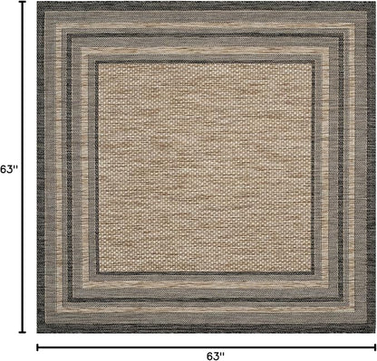 SAFAVIEH Washable Rug Outdoor Courtyard Collection - 5'3" Square, Natural & Black, Non-Shedding & Easy Cleaning, Ideal for Patio, Backyard, Mudroom (CY8475-37312)