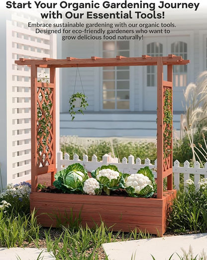 GarveeLife Raised Garden Bed with Trellis, 45 in Wood Planter Box with Side Trellis, Hanging Roof, and 4 Drainage Holes, Freestanding Elevated Garden Bed for Climbing Plants, Vines, Flowers