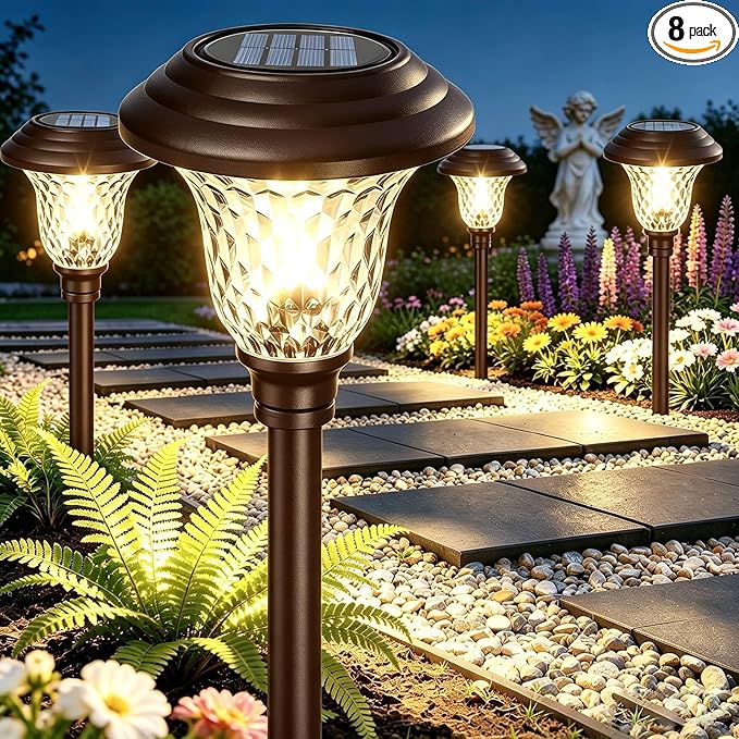 BEAU JARDIN 8 Pack Solar Pathway Lights Outdoor Solar Powered Waterproof Glass Christmas Gift High Lumen for Garden Landscape Path Yard Walkway Driveway White Color Changing Bronze