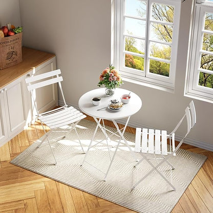 GarveeLife 3-Piece Folding Bistro Set, Foldable Patio Furniture Set with Premium Frame, Outdoor Bistro Table and Chairs Set of 2 for Patio, Garden and Balcony, White