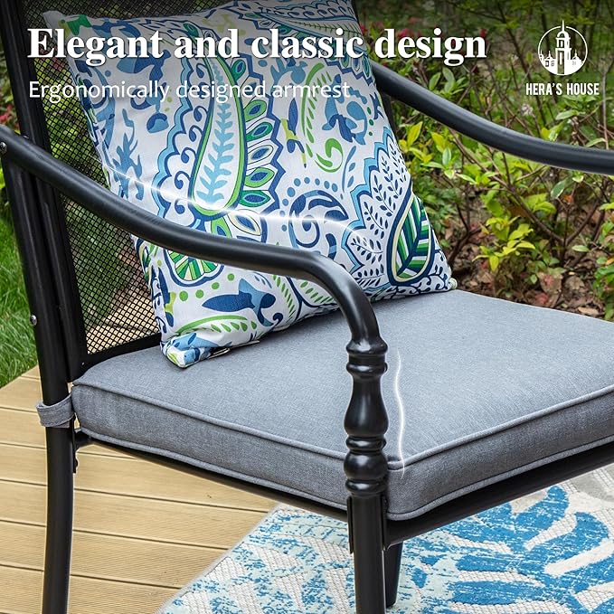 HERA'S HOUSE Outdoor Patio Chairs Set of 4, Garden Lawn Backyard Metal Dining Chairs with Arms and Seat Cushions