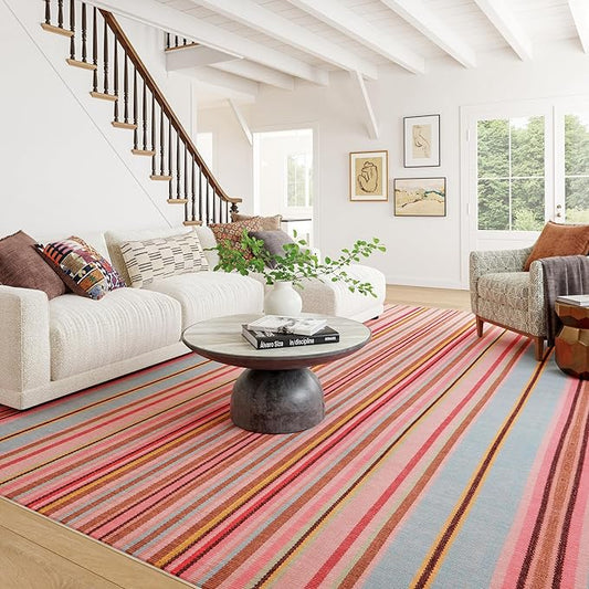 Dash & Albert Jamaica Stripe Multi Machine Washable Rug, 9.5 X 13.5 Feet, Blue/White Stripe Pattern