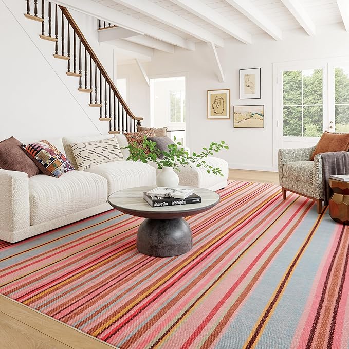 Dash & Albert Jamaica Stripe Multi Machine Washable Rug, 4 X 6 Feet, Blue/White Stripe Pattern