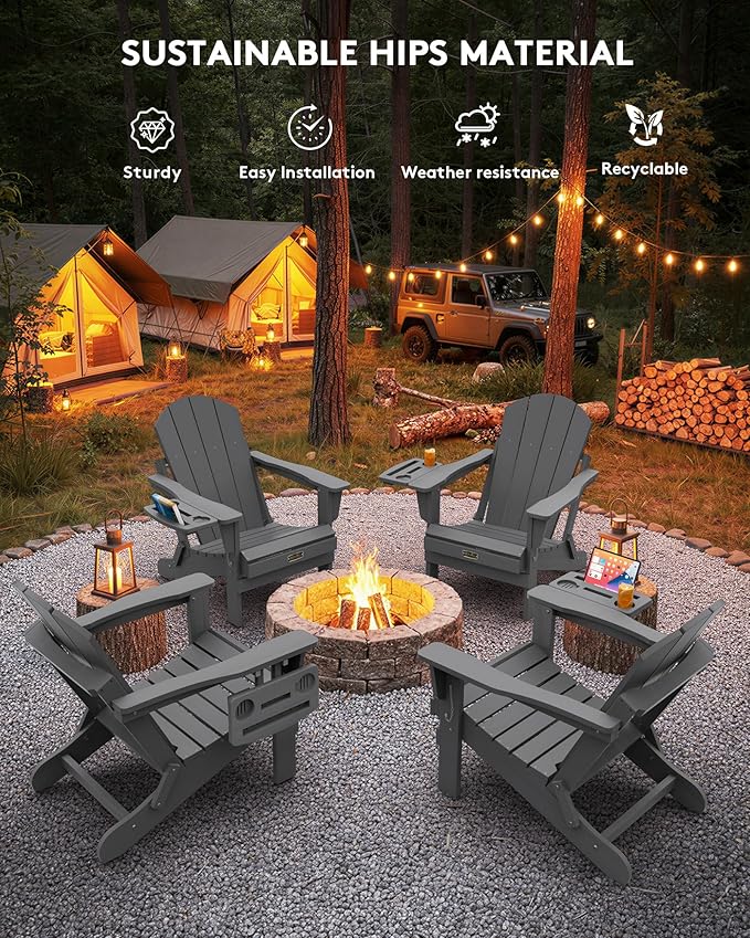 SERWALL Folding Adirondack Chair, Patio Adirondack Chairs with 4 in 1 Cup Holder, Weather Resistant Plastic Fire Pit Chair for Outdoor, Garden, Backyard, Deck - Blue