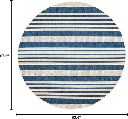SAFAVIEH Washable Rug Outdoor Courtyard Collection - 5'3" Round, Navy & Beige, Non-Shedding & Easy Cleaning, Ideal for Patio, Backyard, Mudroom (CY6062-268)
