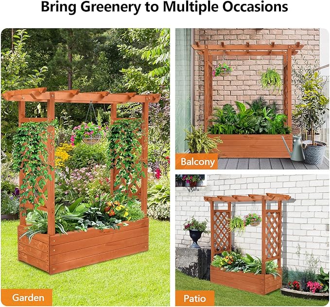 VINGLI Raised Garden Bed with Trellis & Hanging Roof, Wooden Garden Bed, Outdoor Planter Box for Yard, Garden, Balcony