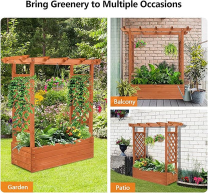 VINGLI Raised Garden Bed with Trellis & Hanging Roof, Wooden Garden Bed, Outdoor Planter Box for Yard, Garden, Balcony