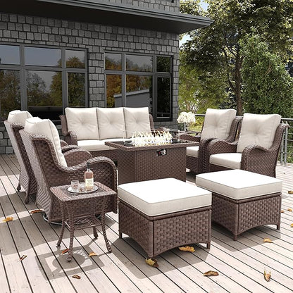 LayinSun 10 Pieces Outdoor Patio Furniture Set with Fire Pit Table, Rattan Wicker Sectional Swivel Rocker Chairs Sets with Ottomans, Swivel Glider Chair, Single Chairs and Coffee Table