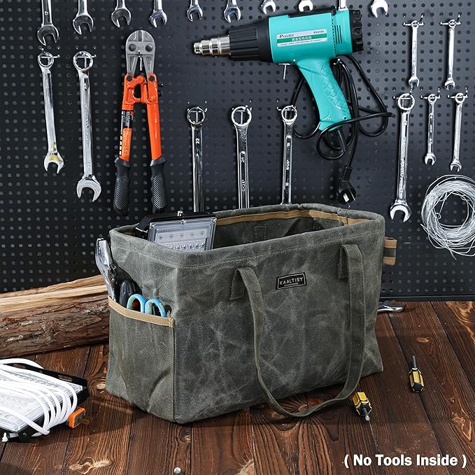 Canvas Tool Tote Bag | 16OZ Waxed Canvas Tool Carrying Bag - with 8 Pockets & Top Metal Support Rods, Rectangular Top Open Tool Tote Bag for Chisels Wrench Hammer Level | Army Green