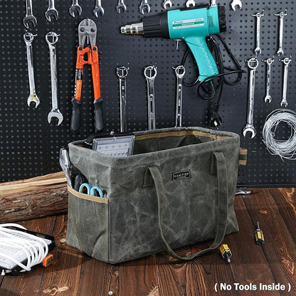 Canvas Tool Tote Bag | 16OZ Waxed Canvas Tool Carrying Bag - with 8 Pockets & Top Metal Support Rods, Rectangular Top Open Tool Tote Bag for Chisels Wrench Hammer Level | Army Green