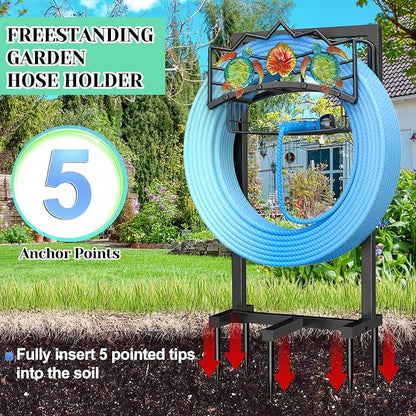 Garden Water Hose Holder with 5 Spikes, Upgraded Freestanding Heavy Duty Hose Hanger Holds 150-feet Hose, Sturdy Hose Stand Storage Rack for Outside Yard Lawn (Black - Turtle)