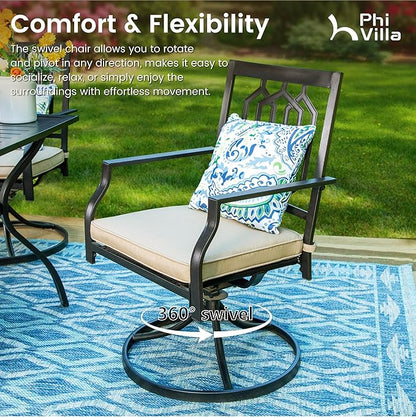 PHI VILLA 3 Piece Outdoor Bistro Set for 2, 22" Wrought Iron Square Table with Umbrella Hole & Swivel Metal Chairs, Small Furniture Conversation Set for Porch, Deck, Balcony, Patio, Yard - Black