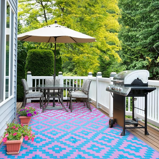 Anidaroel Ombre Camping Rug for Outside RV, 8x10 Waterproof Outdoor Rug for Patio Clearance, Reversible Plastic Straw Outside Area Rug for Camper, Backyard, Picnic(Blue&Purple,8‘x10')