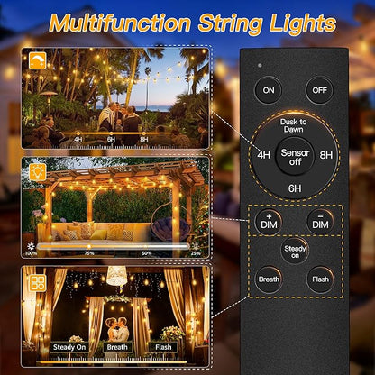 Ollny S11 100FT Outdoor String Lights with Remote, Plug in Waterproof Connectable 3 Modes Dimmable Timers Patio Lights with 48+2 LED Spare Bulbs, Dusk to Dawn Outdoor Light for Outside Bistro Yard