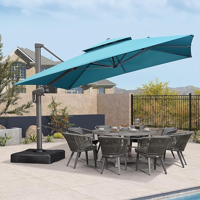 PURPLE LEAF 12FT Cantilever Outdoor Umbrellas Large Patio Umbrella Hanging Double Top Square Offset Umbrella with 360°Rotation Tilting Umbrella Outdoor Patio, Turquoise Blue