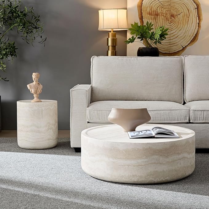 kevinplus ø35.4'' Round Stone Coffee Table for Living Room, Modern Drum Circle Faux Concrete Marble Coffee Table, Fiber Glass Material, No Assembly (Mars Texture, ø35.4'' x 11.8'')