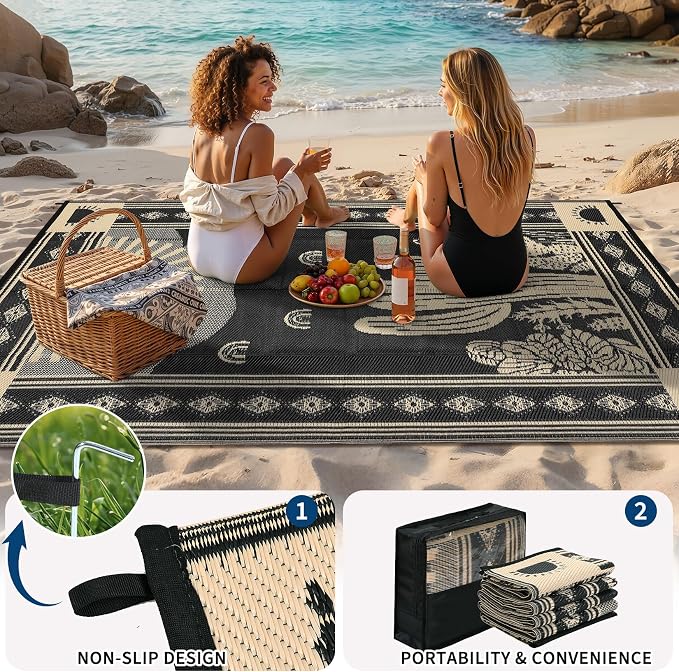Garvee Waterproof Outdoor Rug 5x8, Cactus Botanical Outdoor Plastic Straw Rug for Camping, Reversible RV Mat Outside, Indoor Outdoor Carpet for Porch, Deck, Backyard, Balcony, Picnic, Black & Brown