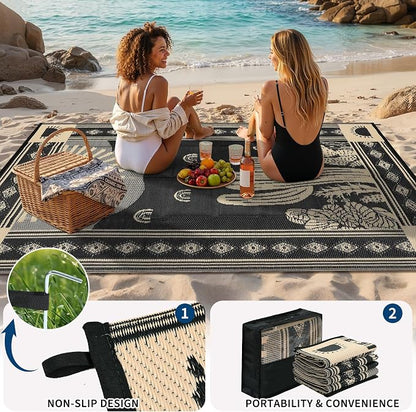 Garvee Waterproof Outdoor Rug 5x8, Cactus Botanical Outdoor Plastic Straw Rug for Camping, Reversible RV Mat Outside, Indoor Outdoor Carpet for Porch, Deck, Backyard, Balcony, Picnic, Black & Brown