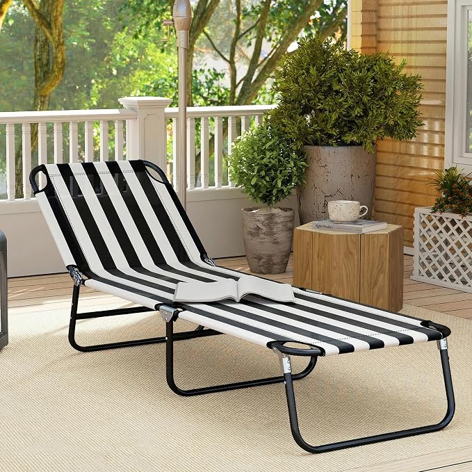 Outsunny Folding Chaise Lounge Chair with 5-Level Back, Black and White | Pool Sun Tanning Chairs, Breathable Mesh Seat, Headrest, for Pool, Beach, Yard, Patio, Outside