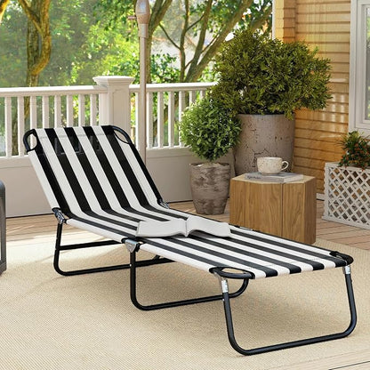 Outsunny Folding Chaise Lounge Chair with 5-Level Back, Black and White | Pool Sun Tanning Chairs, Breathable Mesh Seat, Headrest, for Pool, Beach, Yard, Patio, Outside