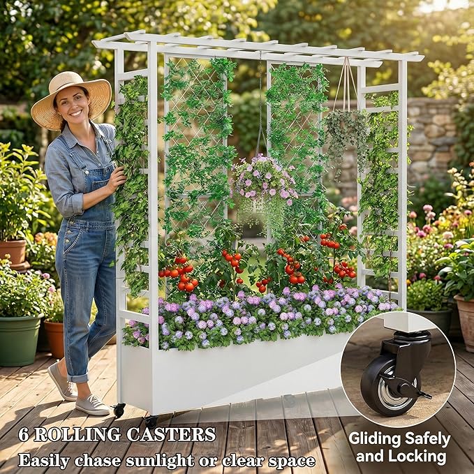 74" Mobile Planter with Trellis,Weatherproof Vertical Raise Garden Bed with Trellis & Hanging Roof for Climbing Plants,Flowers,Vegetables,Rust-Proof Metal Privacy Planter for Patio (White-B)