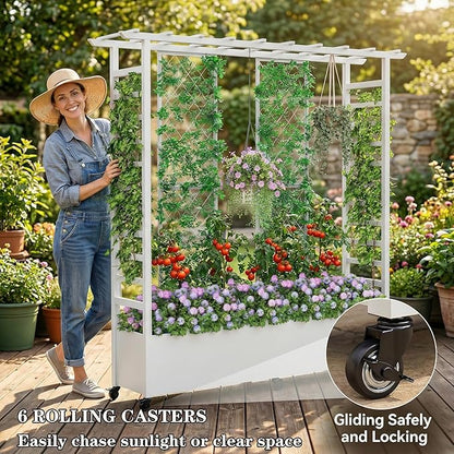 74" Mobile Planter with Trellis,Weatherproof Vertical Raise Garden Bed with Trellis & Hanging Roof for Climbing Plants,Flowers,Vegetables,Rust-Proof Metal Privacy Planter for Patio (White-B)