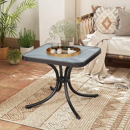 Giantex Small Outdoor Side Table with Tempered Glass Top Set of 2, Heavy-Duty Metal Frame, 110 Lbs Capacity, Square Patio Table for Balcony, Porch, Backyard, Deck, Black